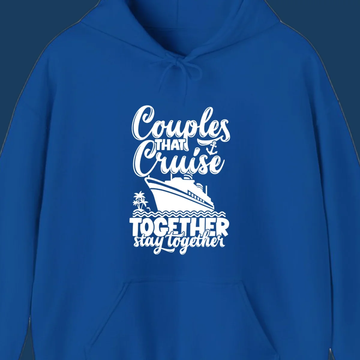 Couples that cruise together stay together with cruise ship and palm trees artwork.