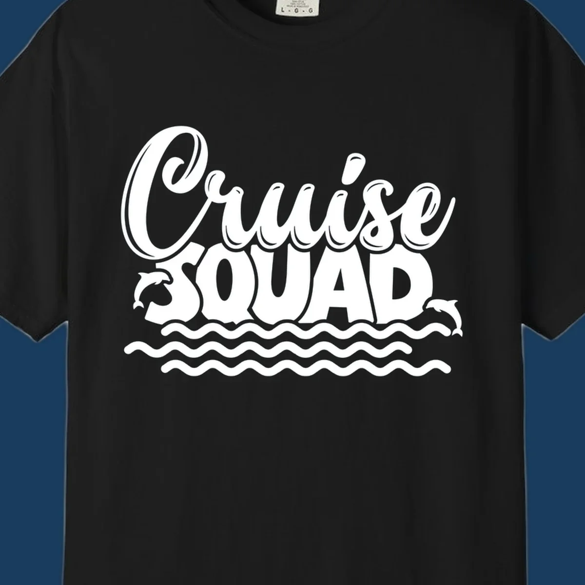Cruise Squad graphic with dolphins and waves, perfect for a fun group cruise.