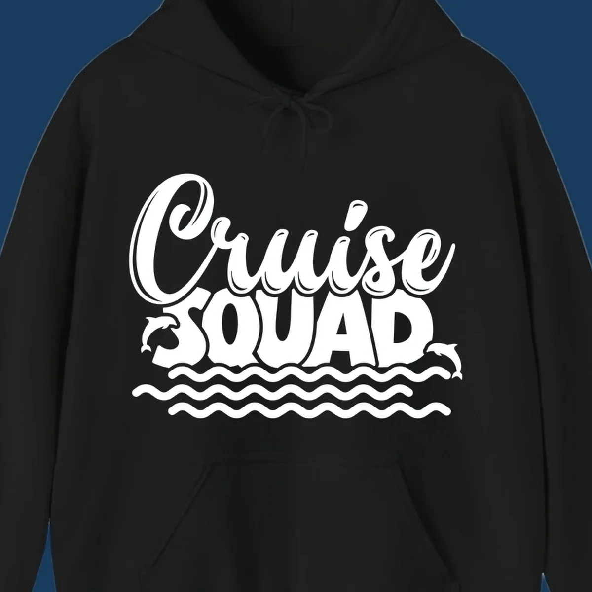 Cruise Squad graphic with dolphins and waves, perfect for a fun group cruise.