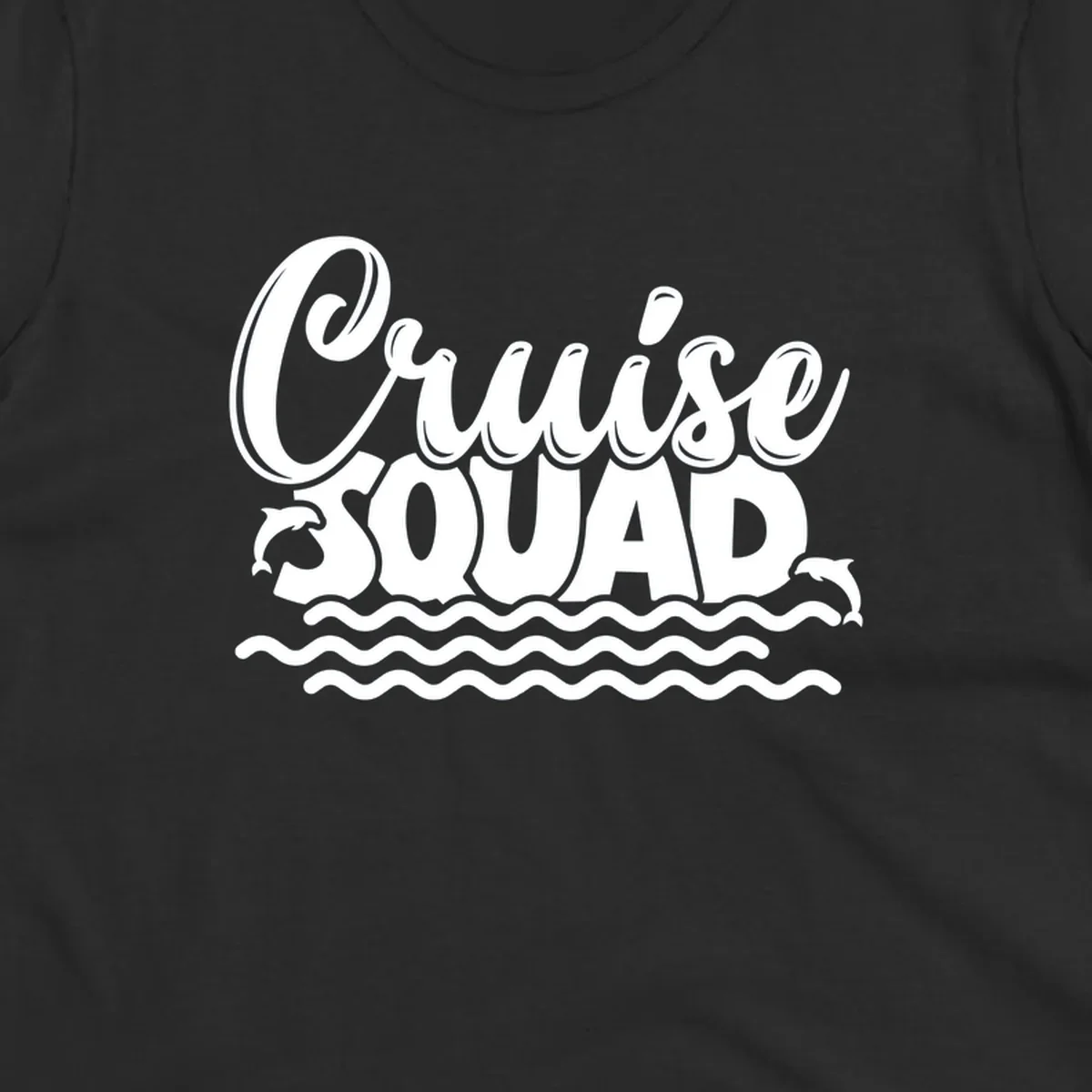 Cruise Squad graphic with dolphins and waves, perfect for a fun group cruise.
