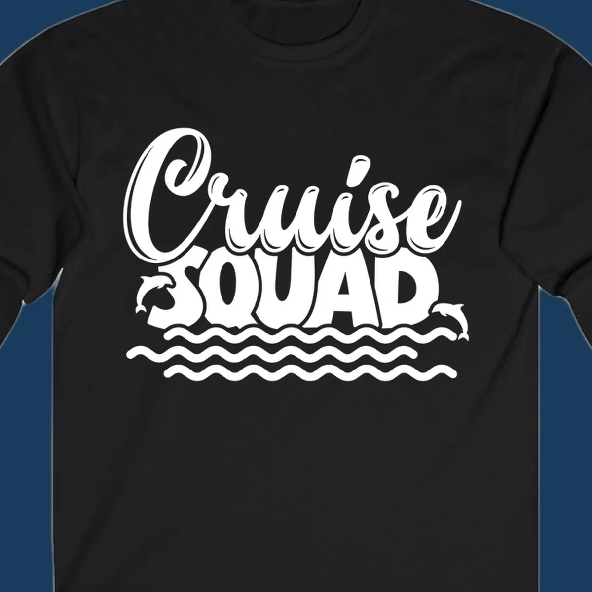 Cruise Squad graphic with dolphins and waves, perfect for a fun group cruise.