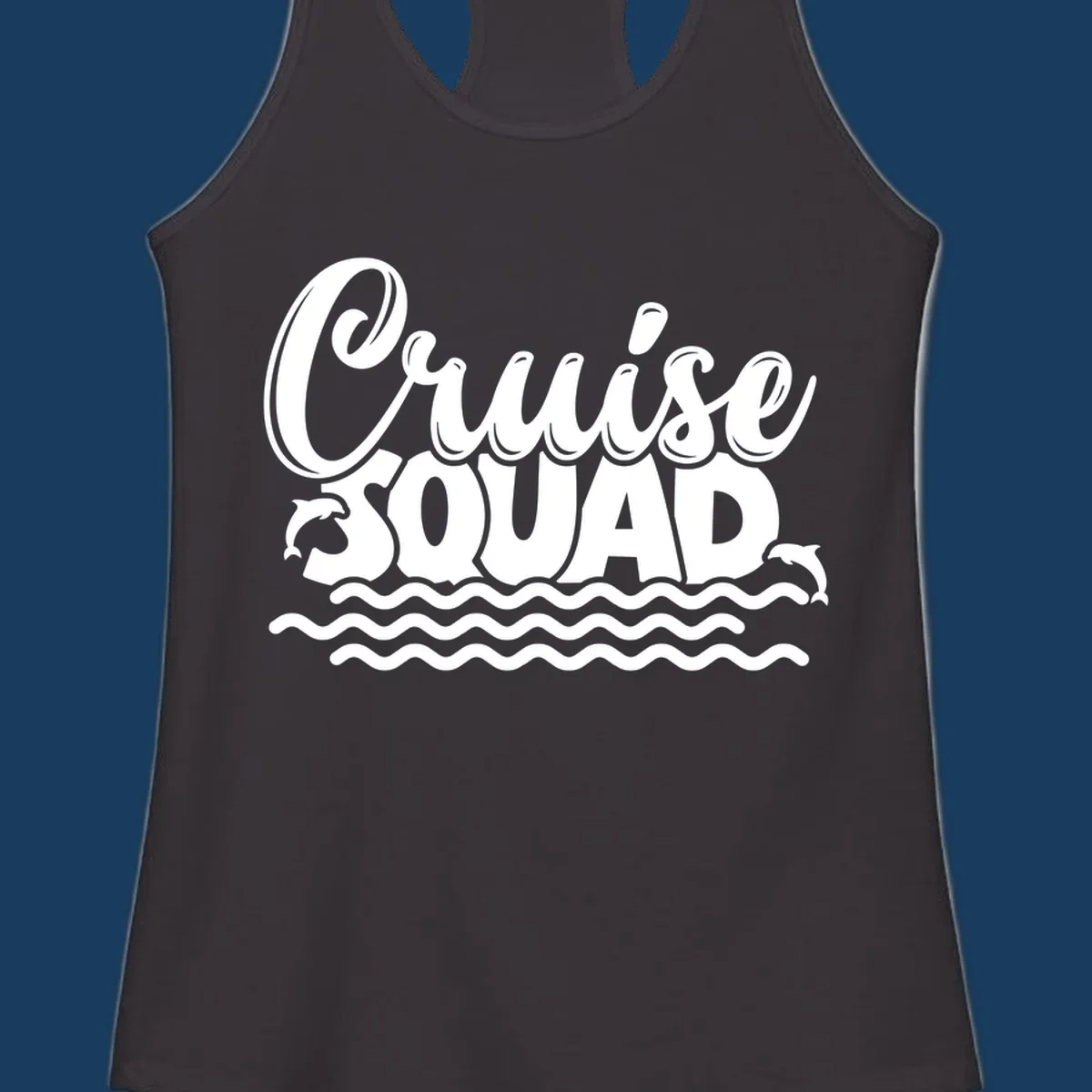 Cruise Squad graphic with dolphins and waves, perfect for a fun group cruise.