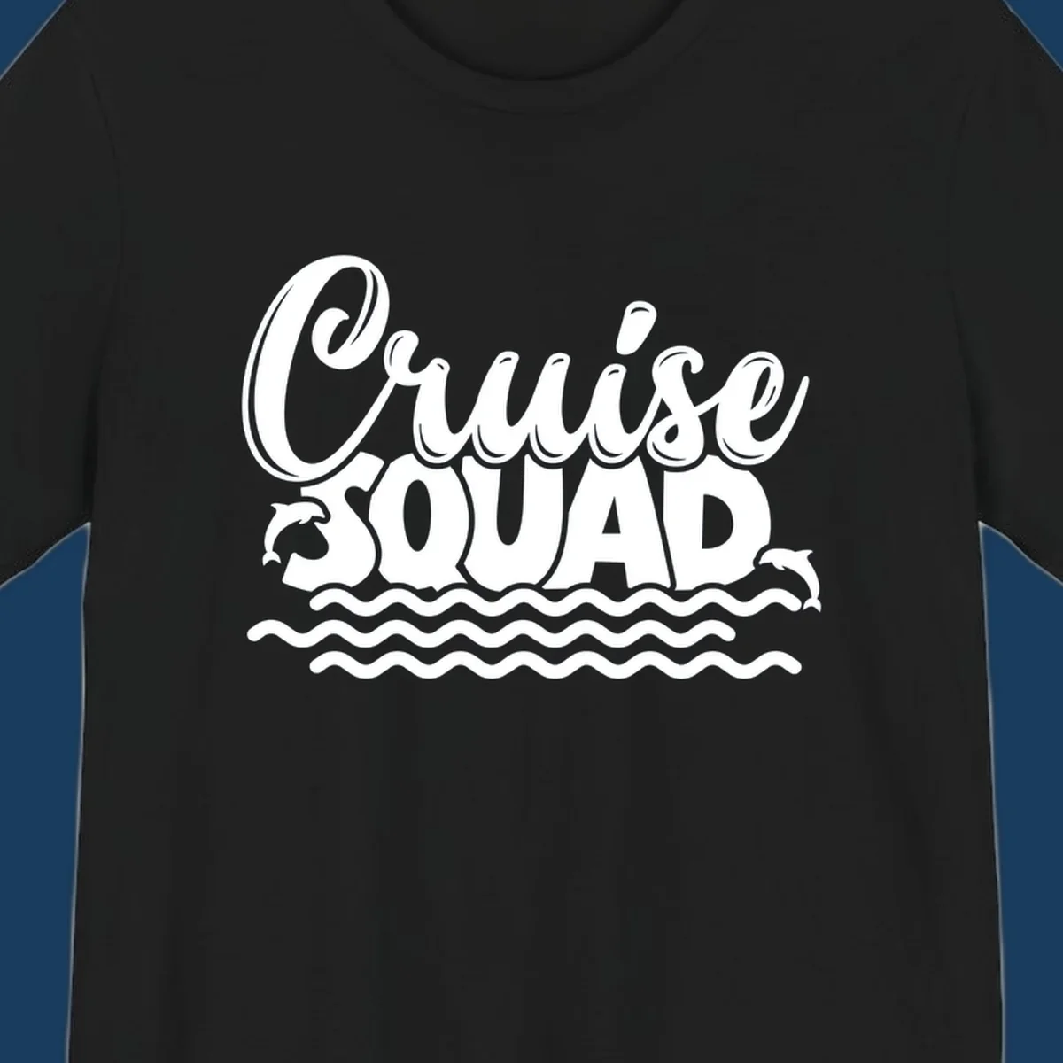 Cruise Squad graphic with dolphins and waves, perfect for a fun group cruise.