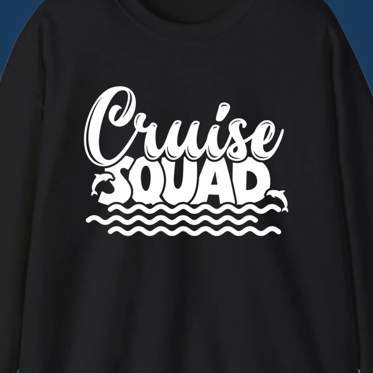 Cruise Squad graphic with dolphins and waves, perfect for a fun group cruise.