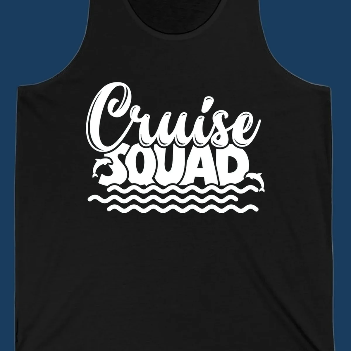 Cruise Squad graphic with dolphins and waves, perfect for a fun group cruise.