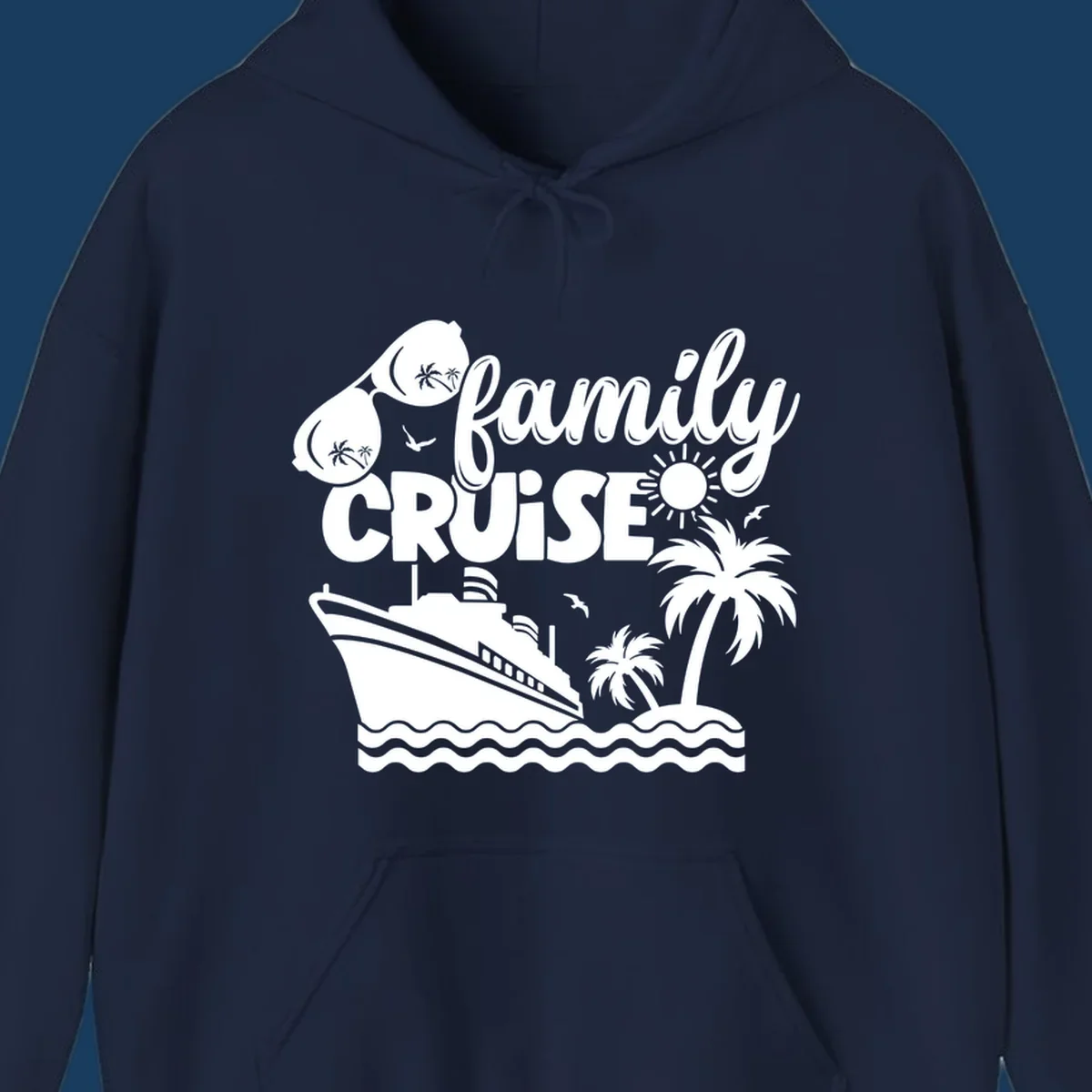 Family cruise design with ship, island, palm trees, sunglasses, and sun. Family cruise vibes.