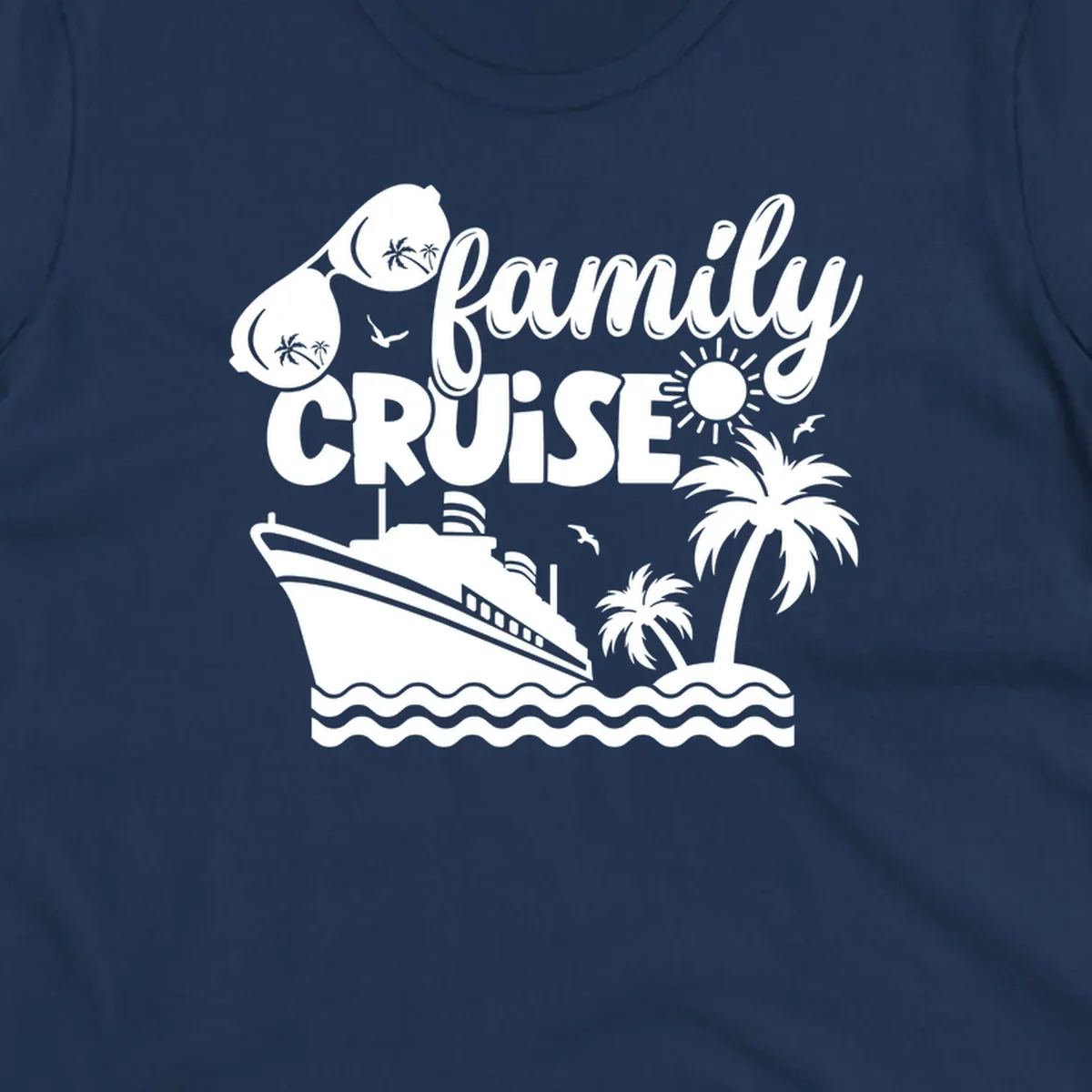 Family cruise design with ship, island, palm trees, sunglasses, and sun. Family cruise vibes.