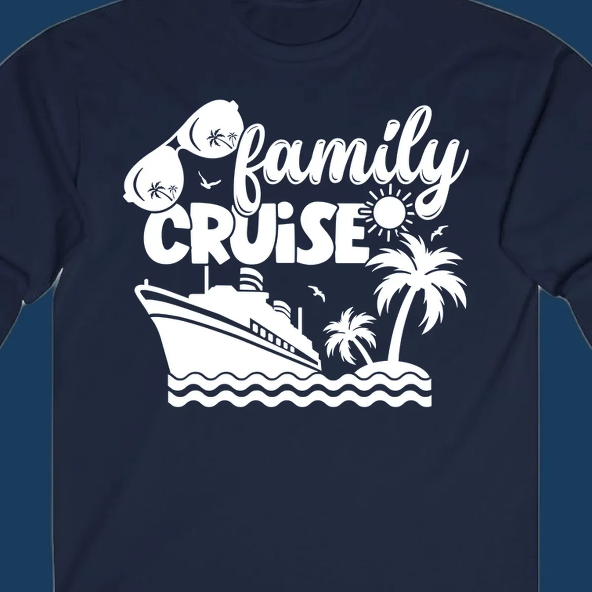 Family cruise design with ship, island, palm trees, sunglasses, and sun. Family cruise vibes.