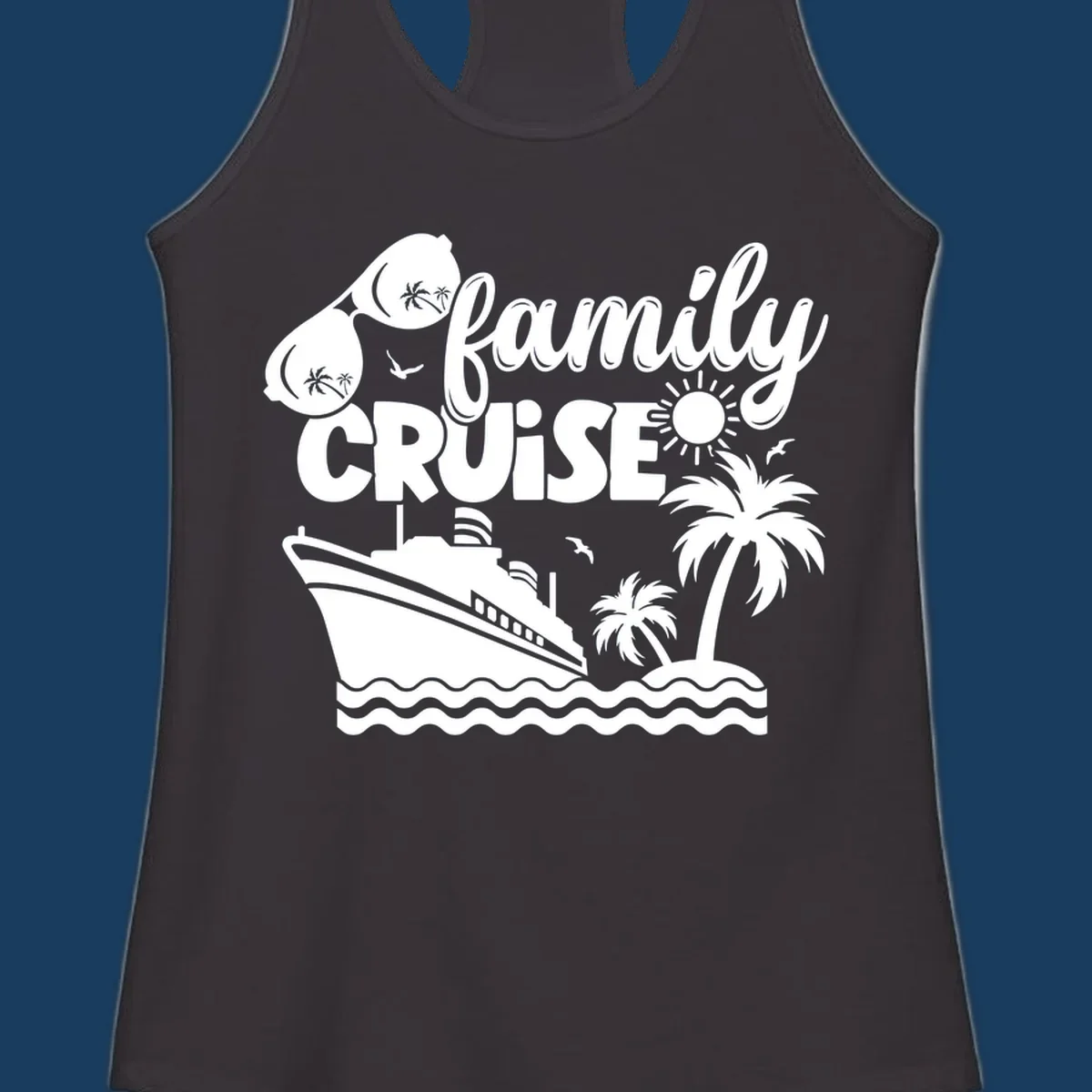 Family cruise design with ship, island, palm trees, sunglasses, and sun. Family cruise vibes.