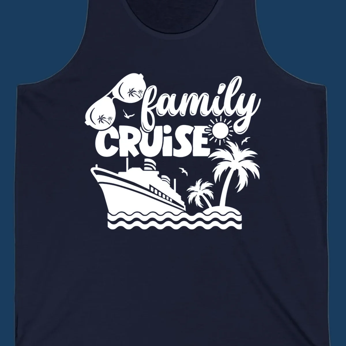 Family cruise design with ship, island, palm trees, sunglasses, and sun. Family cruise vibes.