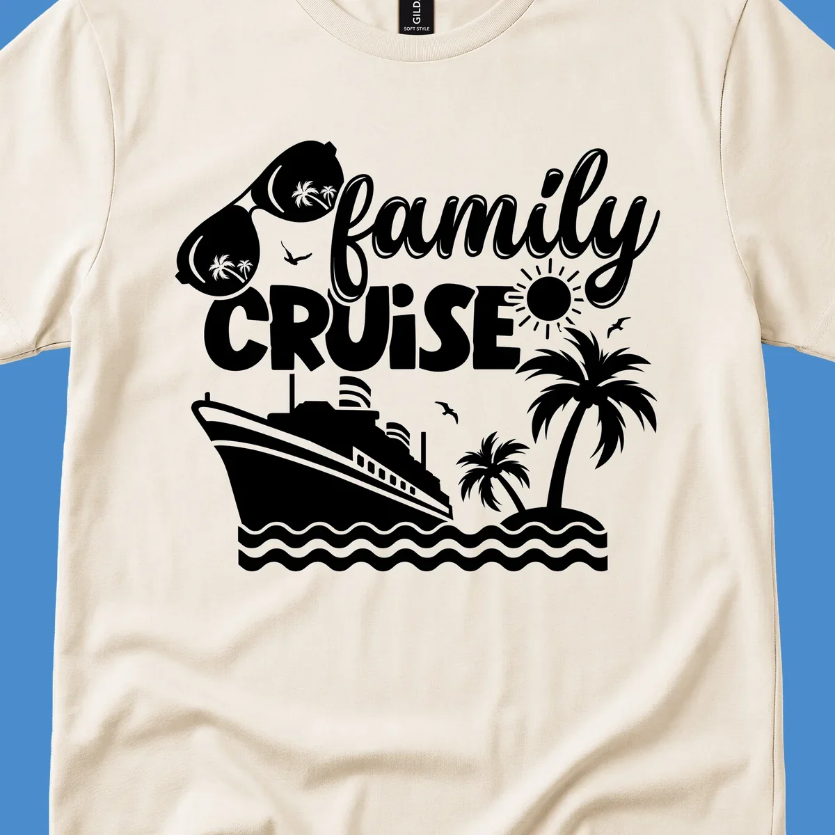 Family cruise design with ship, island, palm trees, sunglasses, and sun. Family cruise vibes.