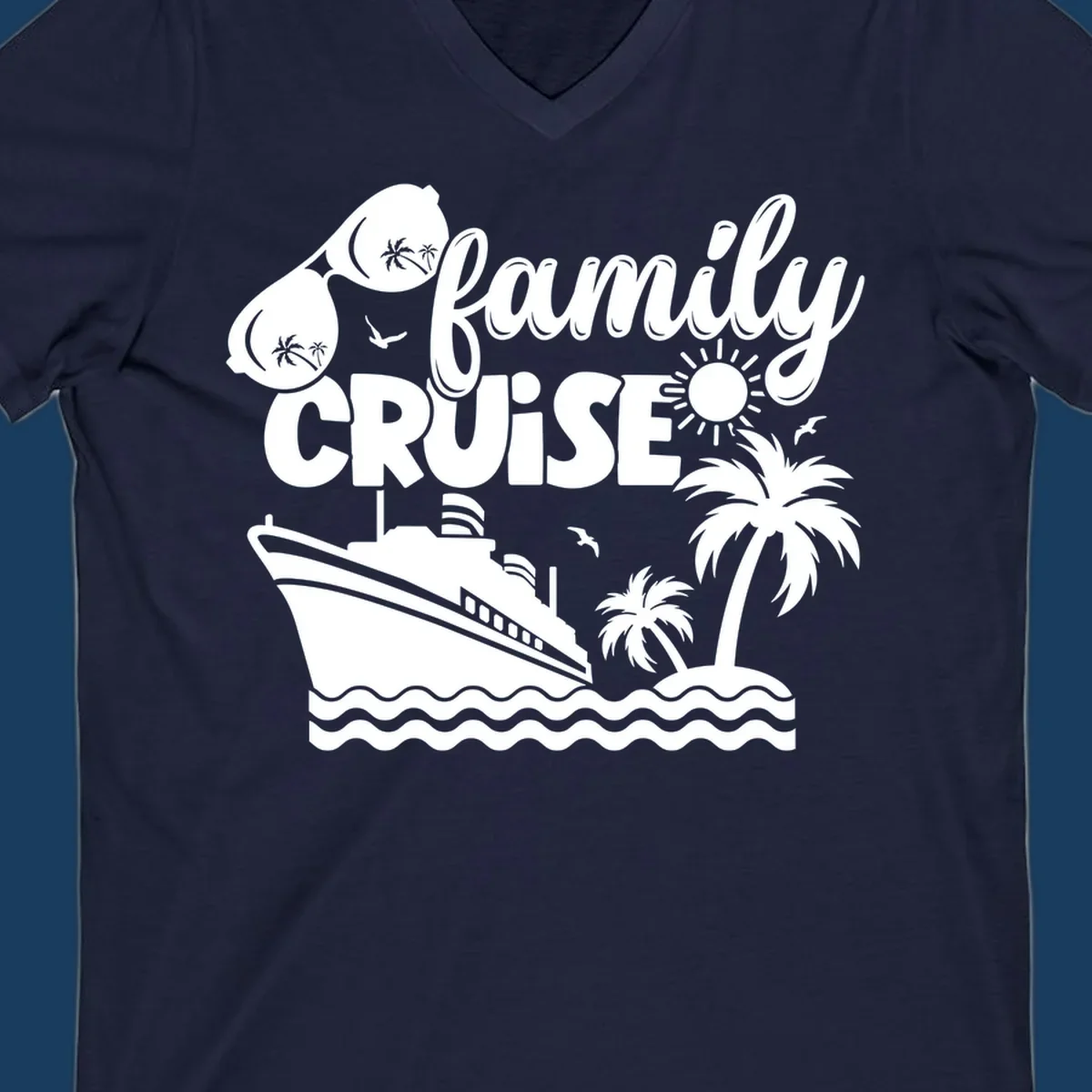 Family cruise design with ship, island, palm trees, sunglasses, and sun. Family cruise vibes.