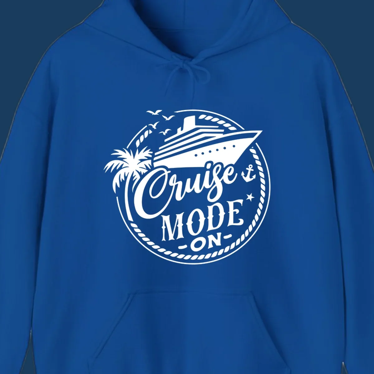 Cruise mode on badge with ship, palm tree, and text.