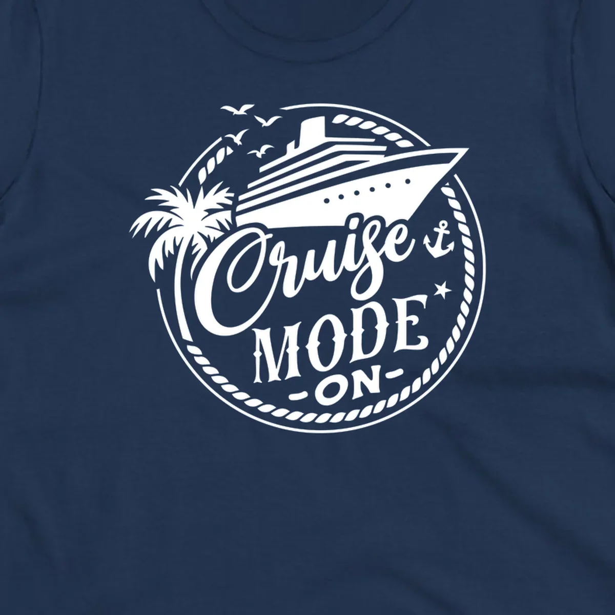 Cruise mode on badge with ship, palm tree, and text.