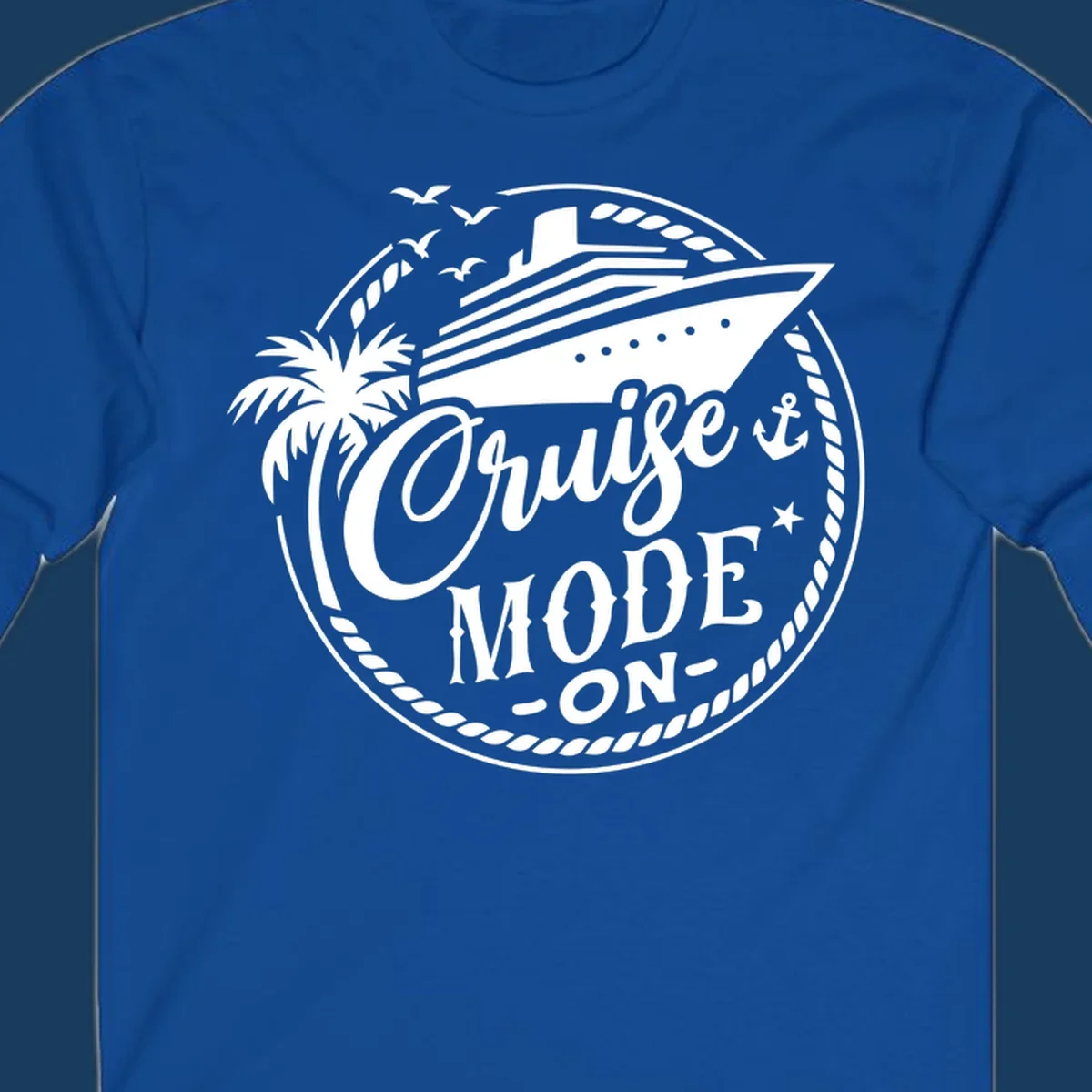 Cruise mode on badge with ship, palm tree, and text.