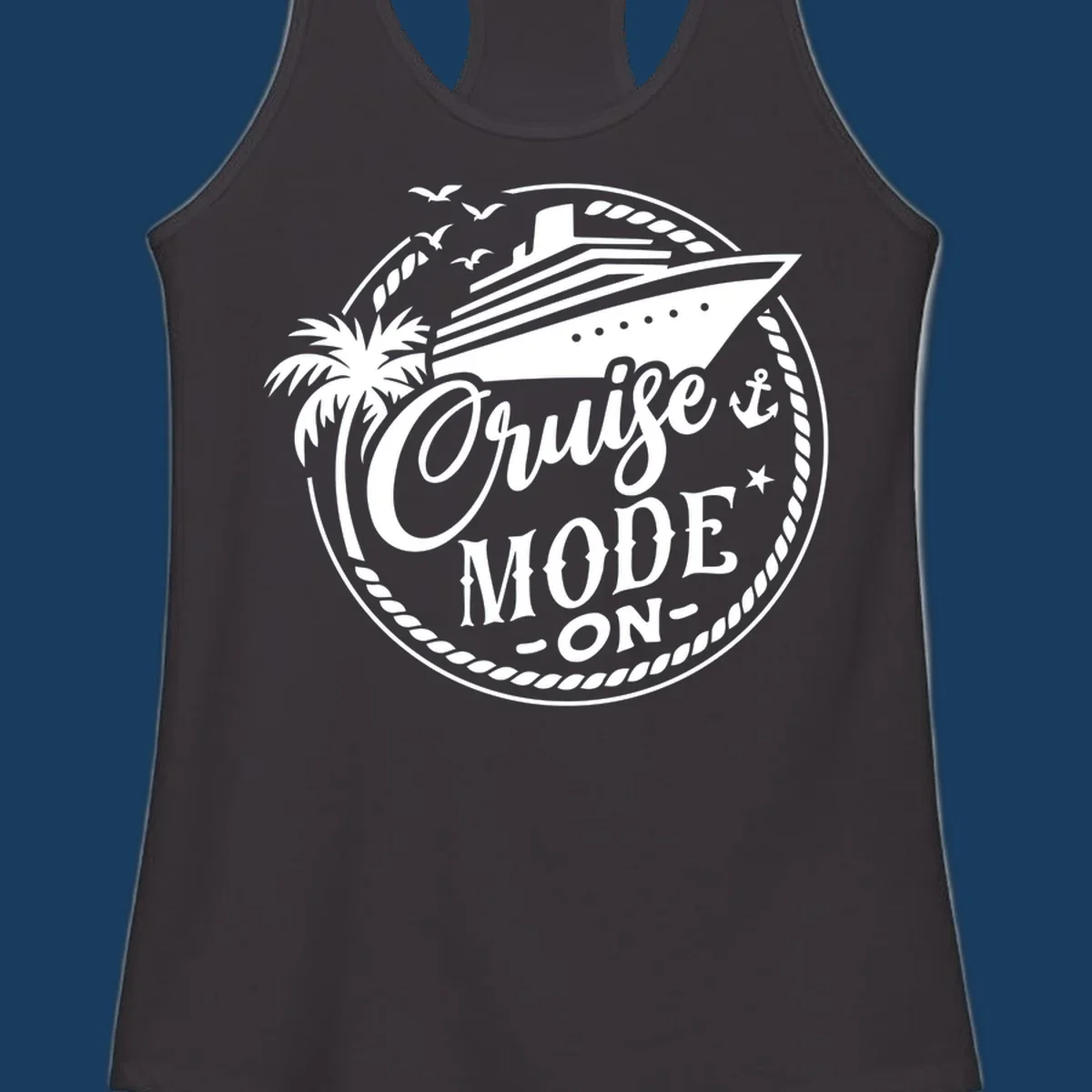 Cruise mode on badge with ship, palm tree, and text.