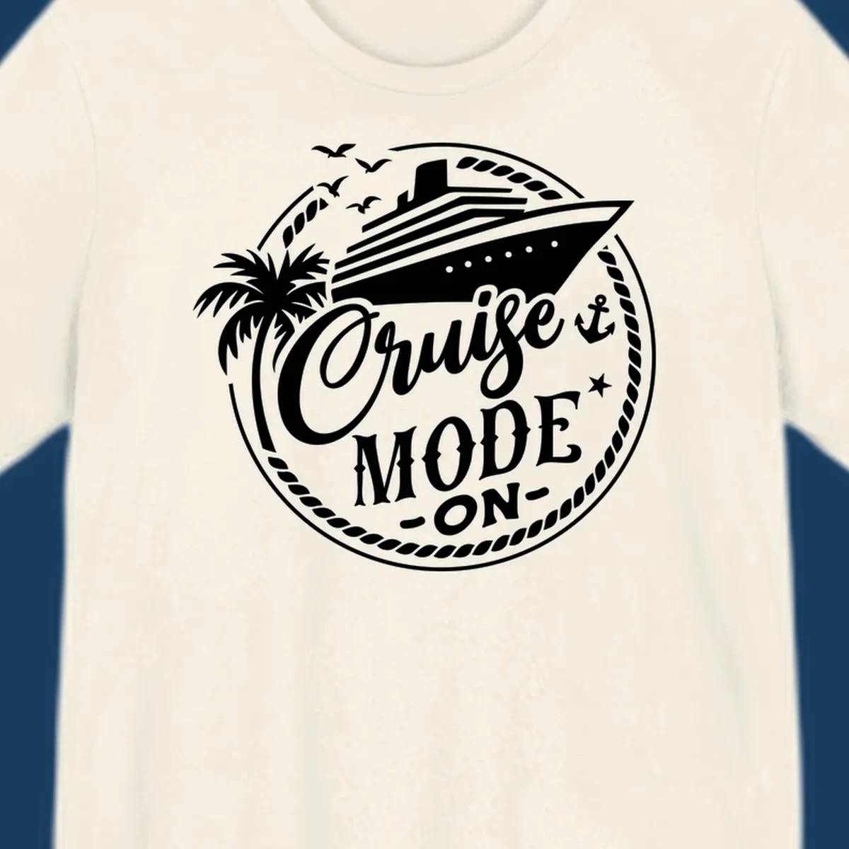 Cruise mode on badge with ship, palm tree, and text.