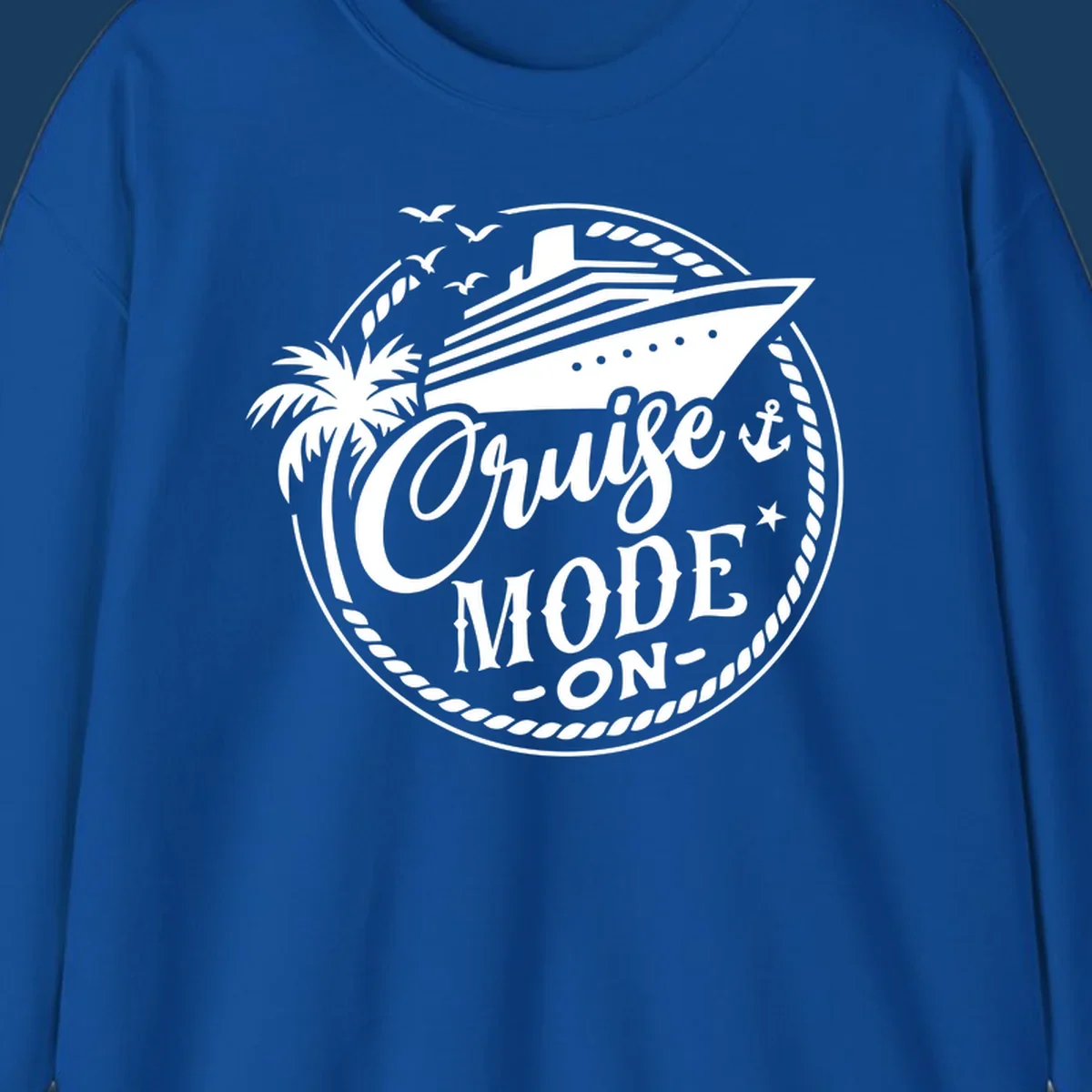 Cruise mode on badge with ship, palm tree, and text.