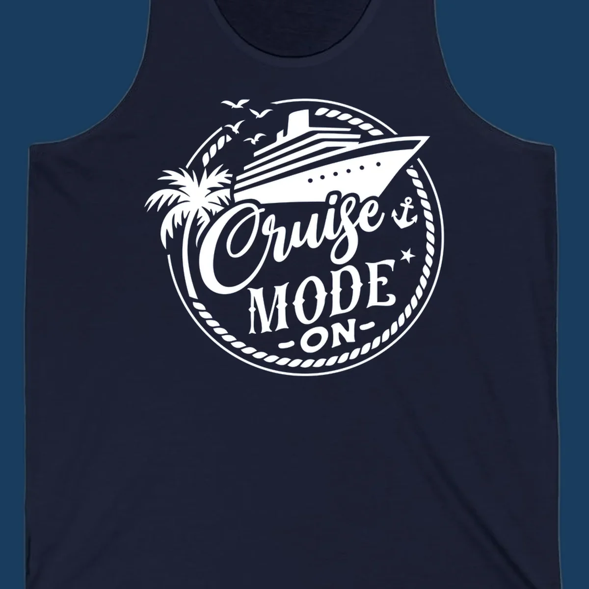 Cruise mode on badge with ship, palm tree, and text.