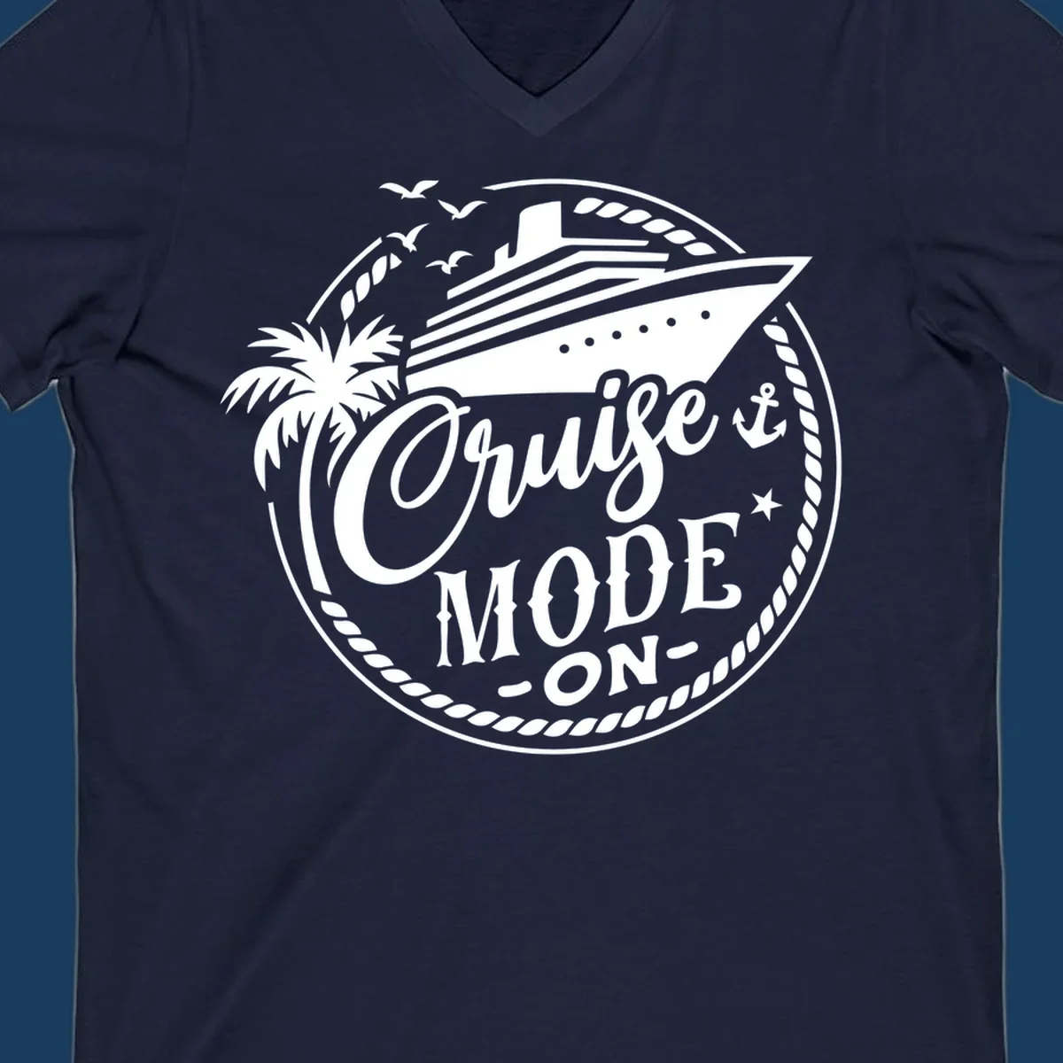 Cruise mode on badge with ship, palm tree, and text.