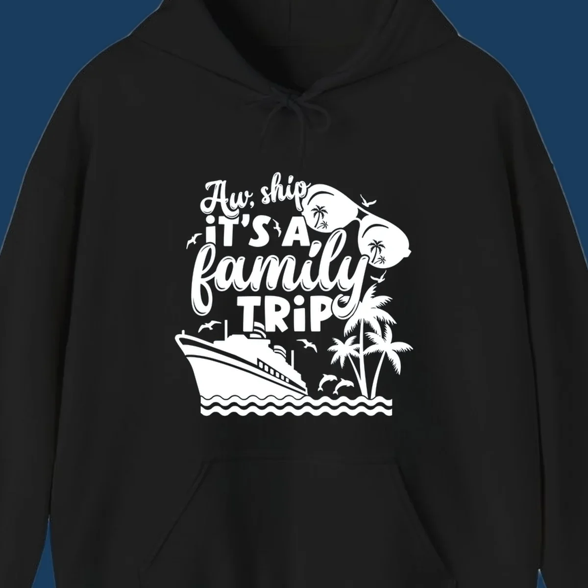 Family cruise trip text with ship, palm trees, dolphins and sunglasses illustration.