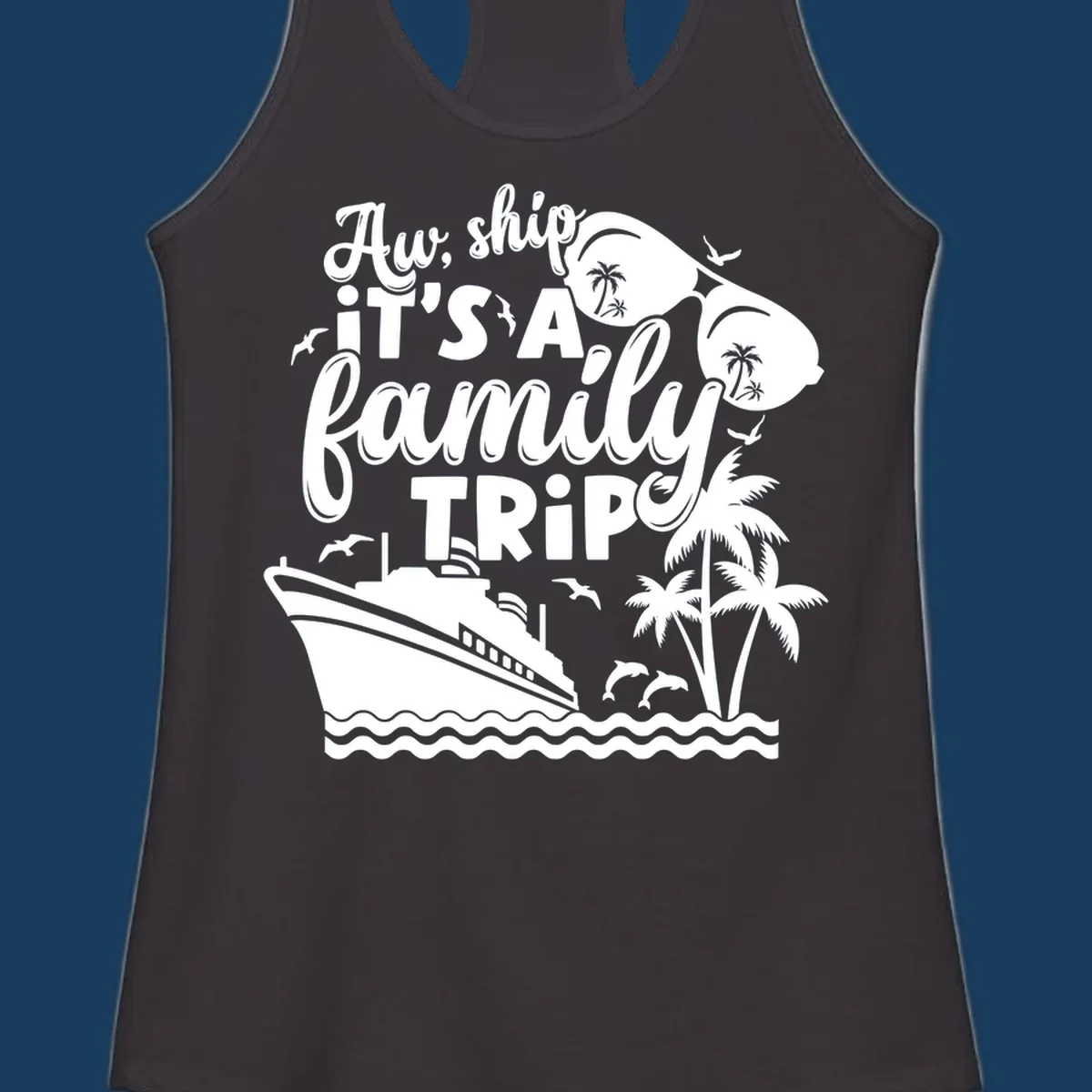 Family cruise trip text with ship, palm trees, dolphins and sunglasses illustration.