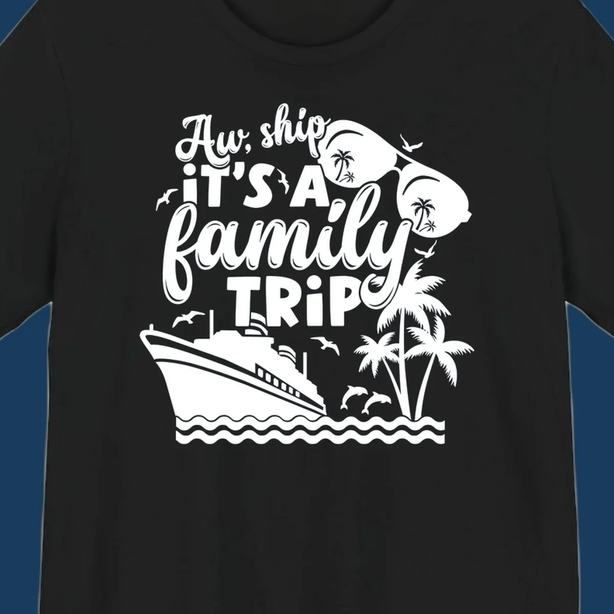 Family cruise trip text with ship, palm trees, dolphins and sunglasses illustration.
