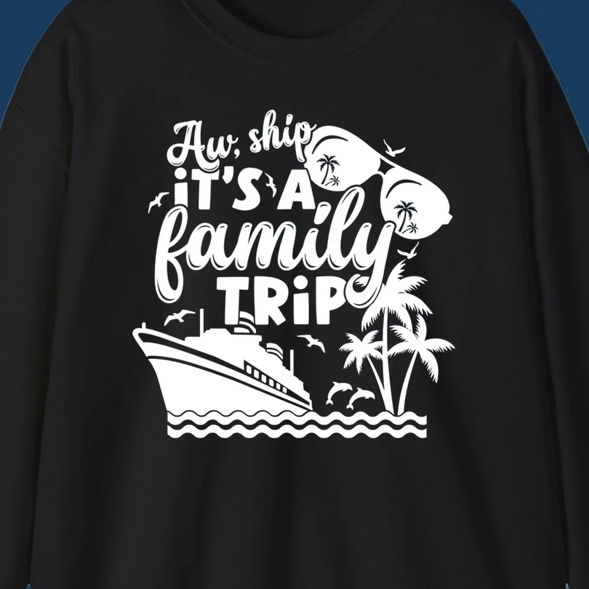 Family cruise trip text with ship, palm trees, dolphins and sunglasses illustration.