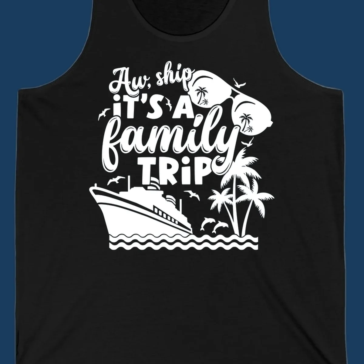Family cruise trip text with ship, palm trees, dolphins and sunglasses illustration.