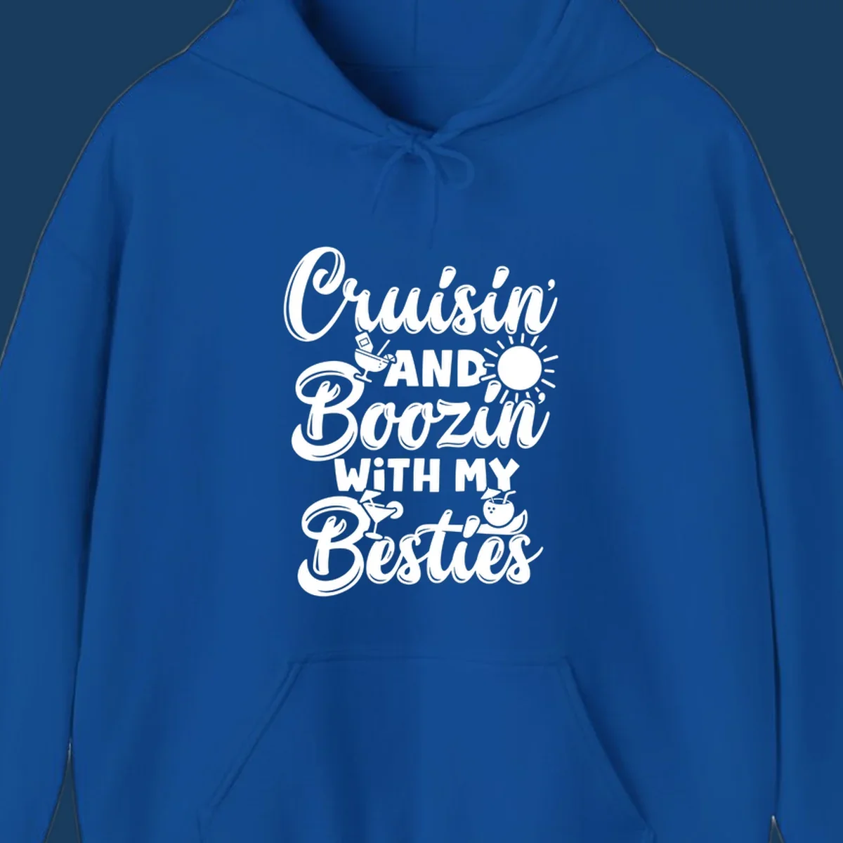 Cruisin and Boozin With My Besties text with cocktail and sun graphics for a cruise vacation.