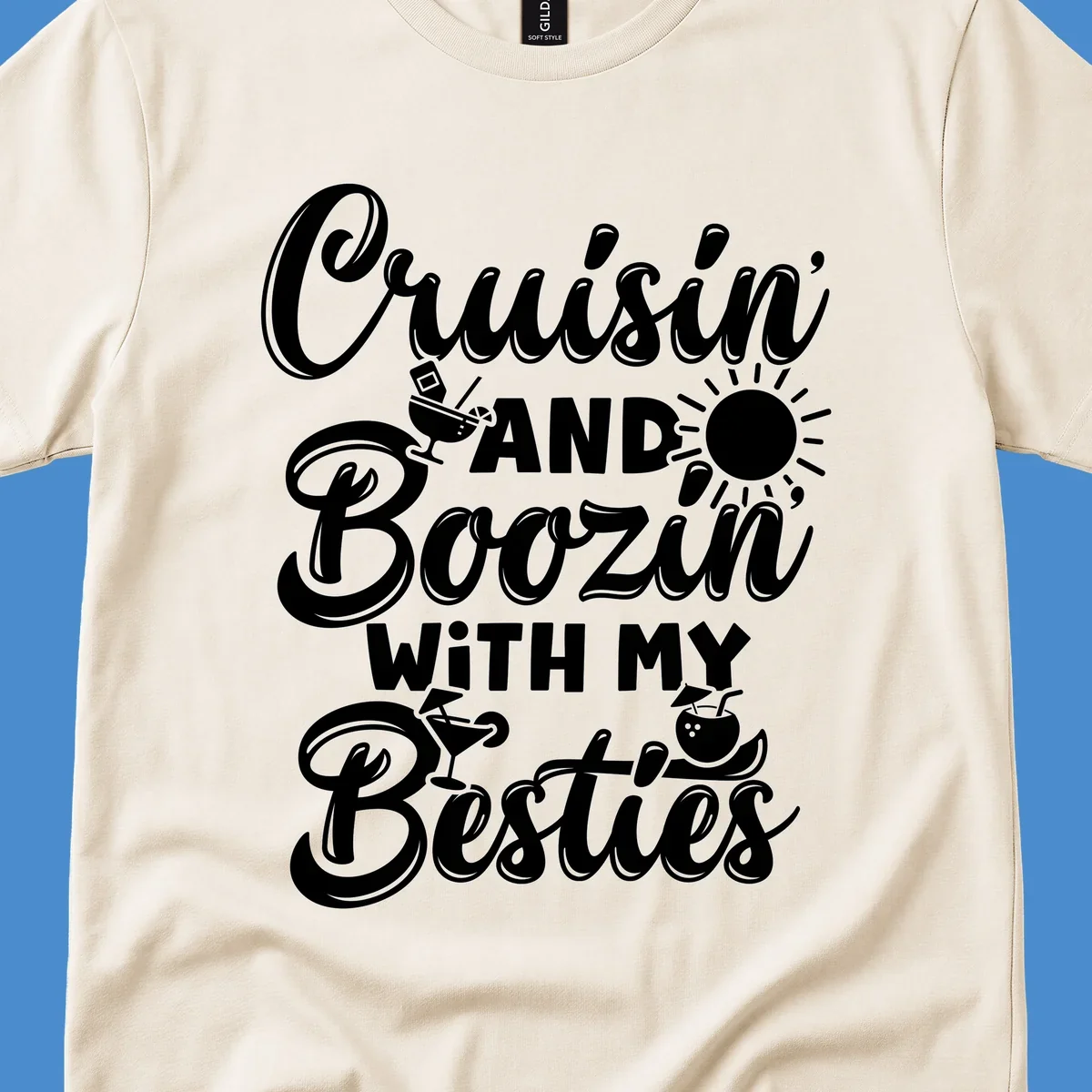 Cruisin and Boozin With My Besties text with cocktail and sun graphics for a cruise vacation.
