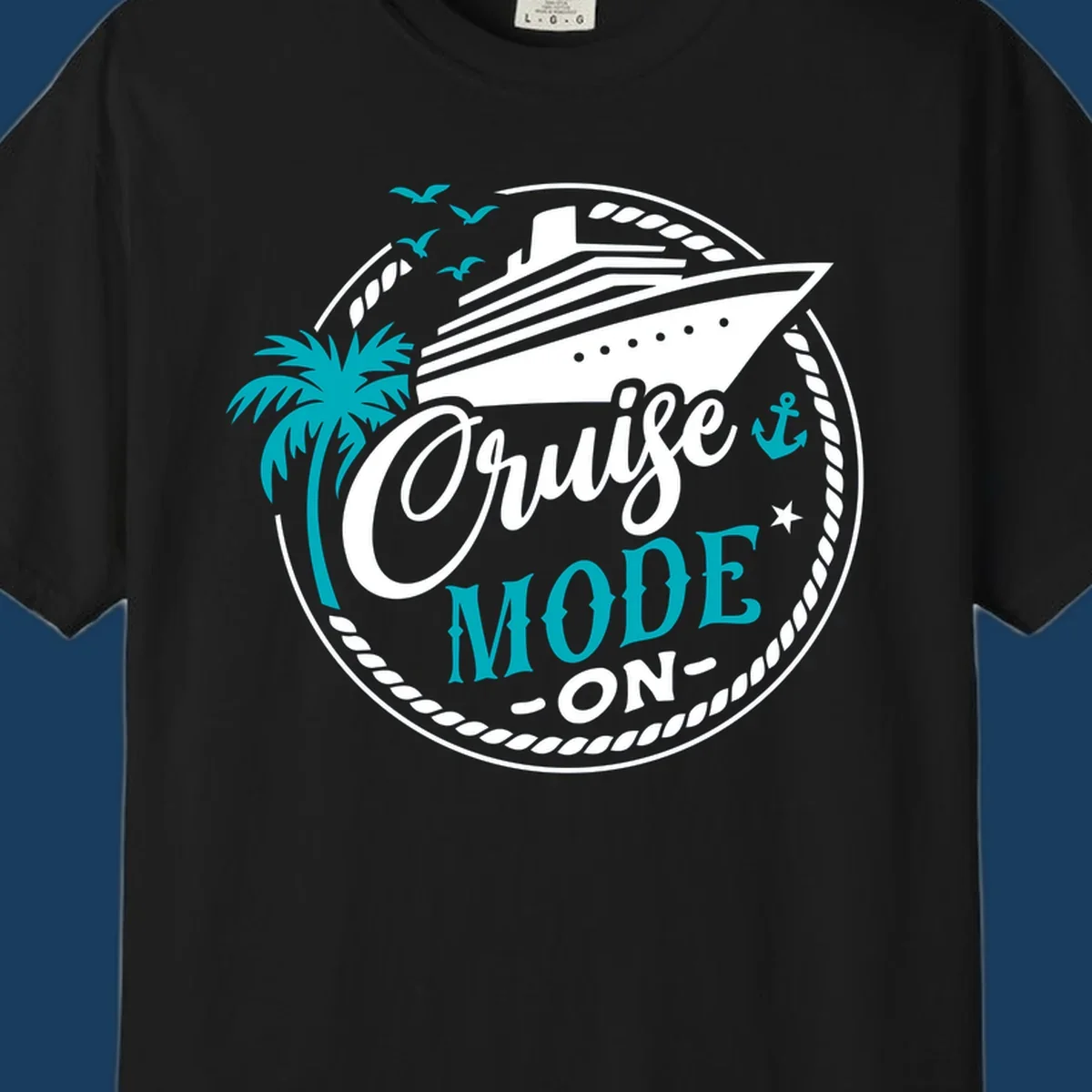 Cruise Mode On graphic with ship, palm tree, and text.