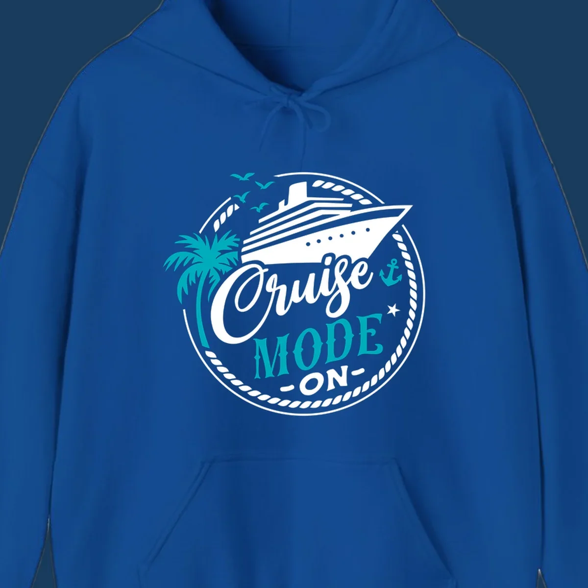 Cruise Mode On graphic with ship, palm tree, and text.