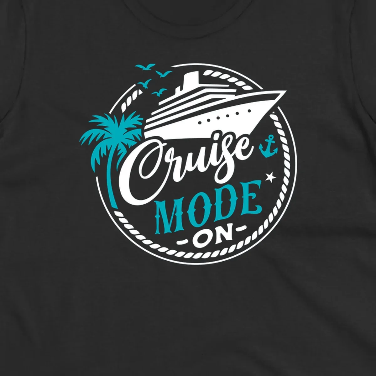 Cruise Mode On graphic with ship, palm tree, and text.