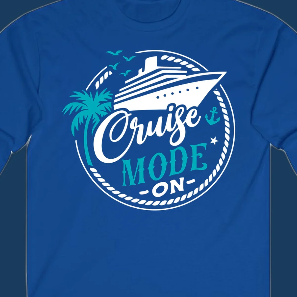 Cruise Mode On graphic with ship, palm tree, and text.