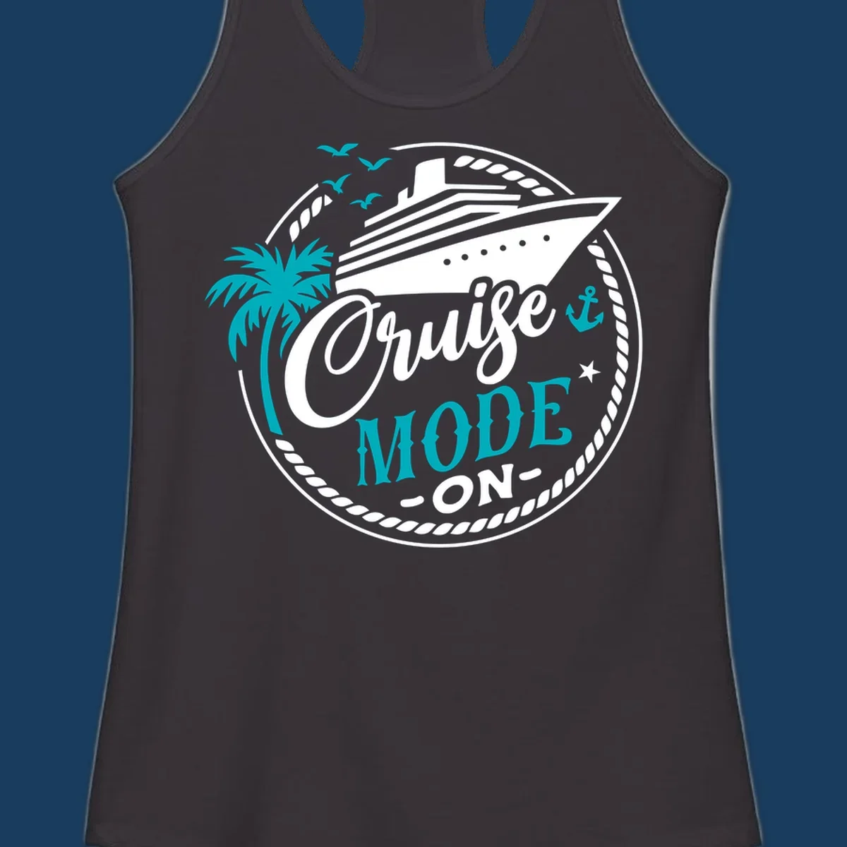 Cruise Mode On graphic with ship, palm tree, and text.