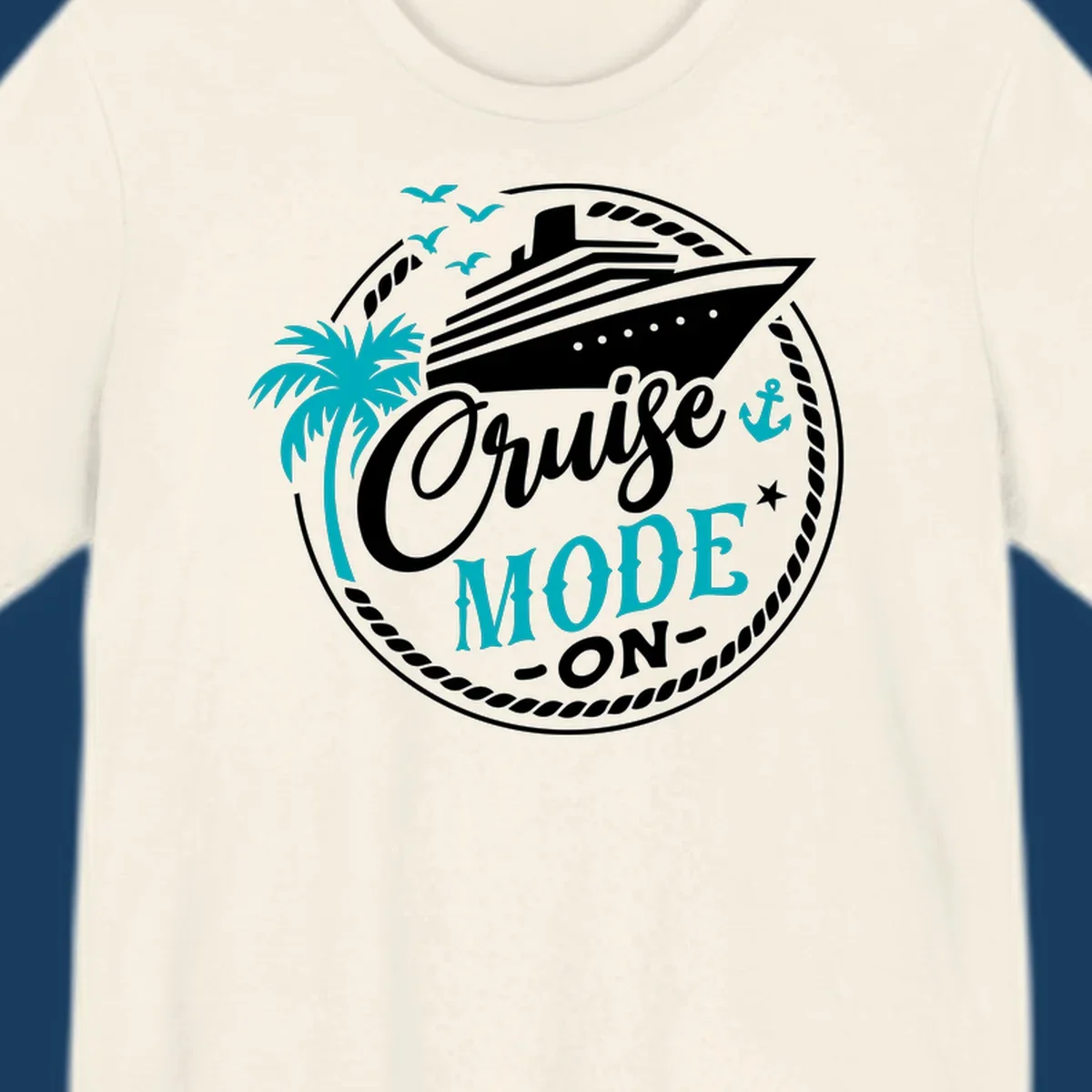 Cruise Mode On graphic with ship, palm tree, and text.