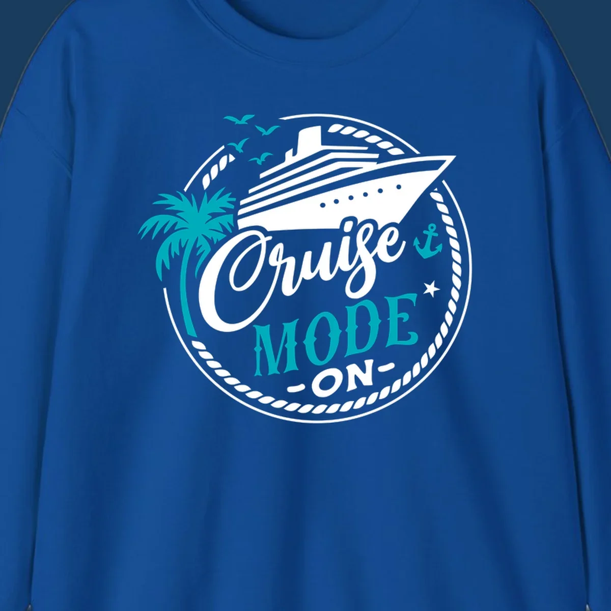 Cruise Mode On graphic with ship, palm tree, and text.