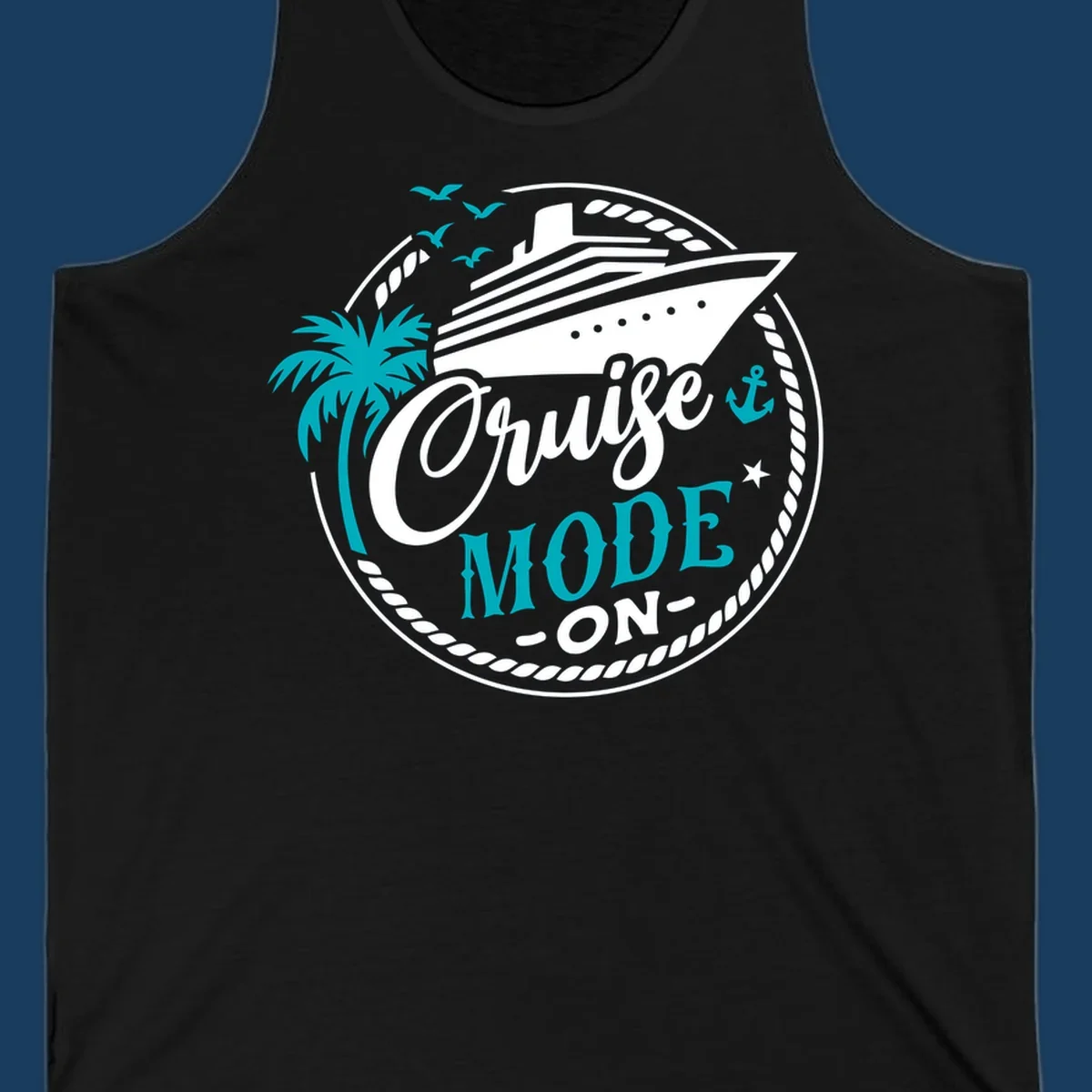 Cruise Mode On graphic with ship, palm tree, and text.