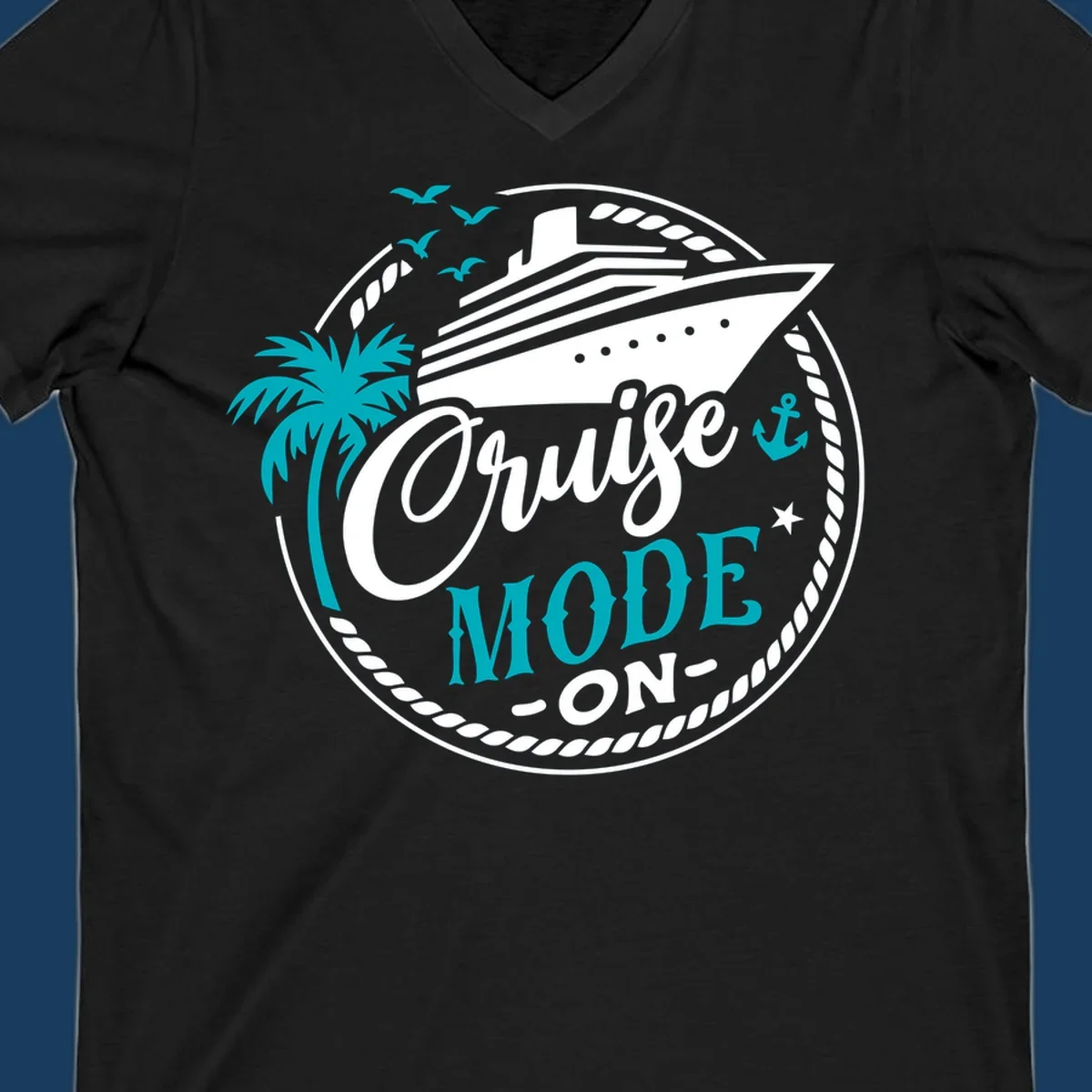 Cruise Mode On graphic with ship, palm tree, and text.