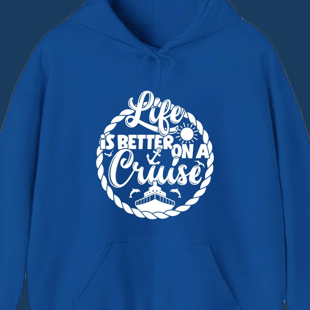 Life is better on a cruise text with ship, dolphins, anchor, sun graphic