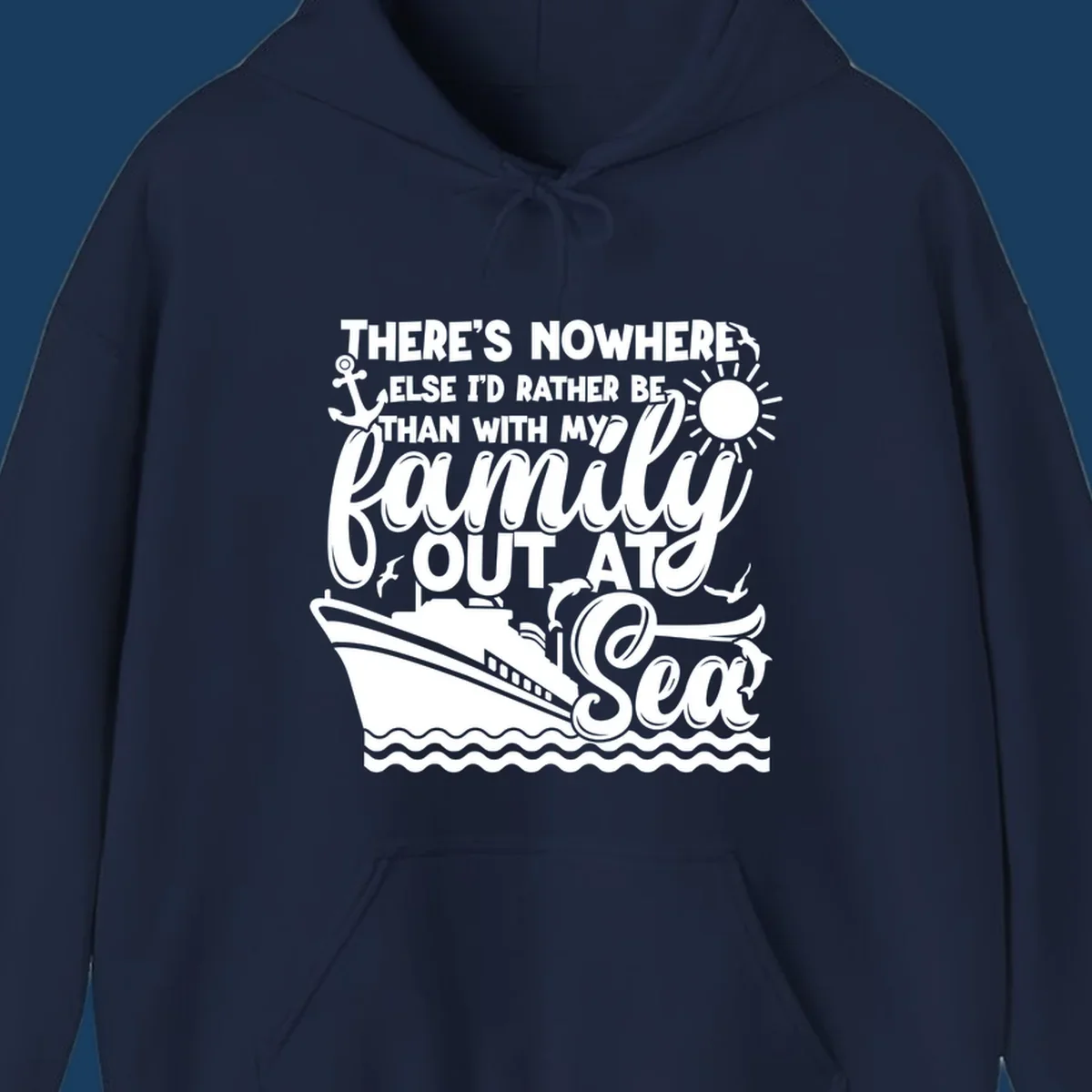 Family out at sea cruise design with ship, sun, anchor, and text.
