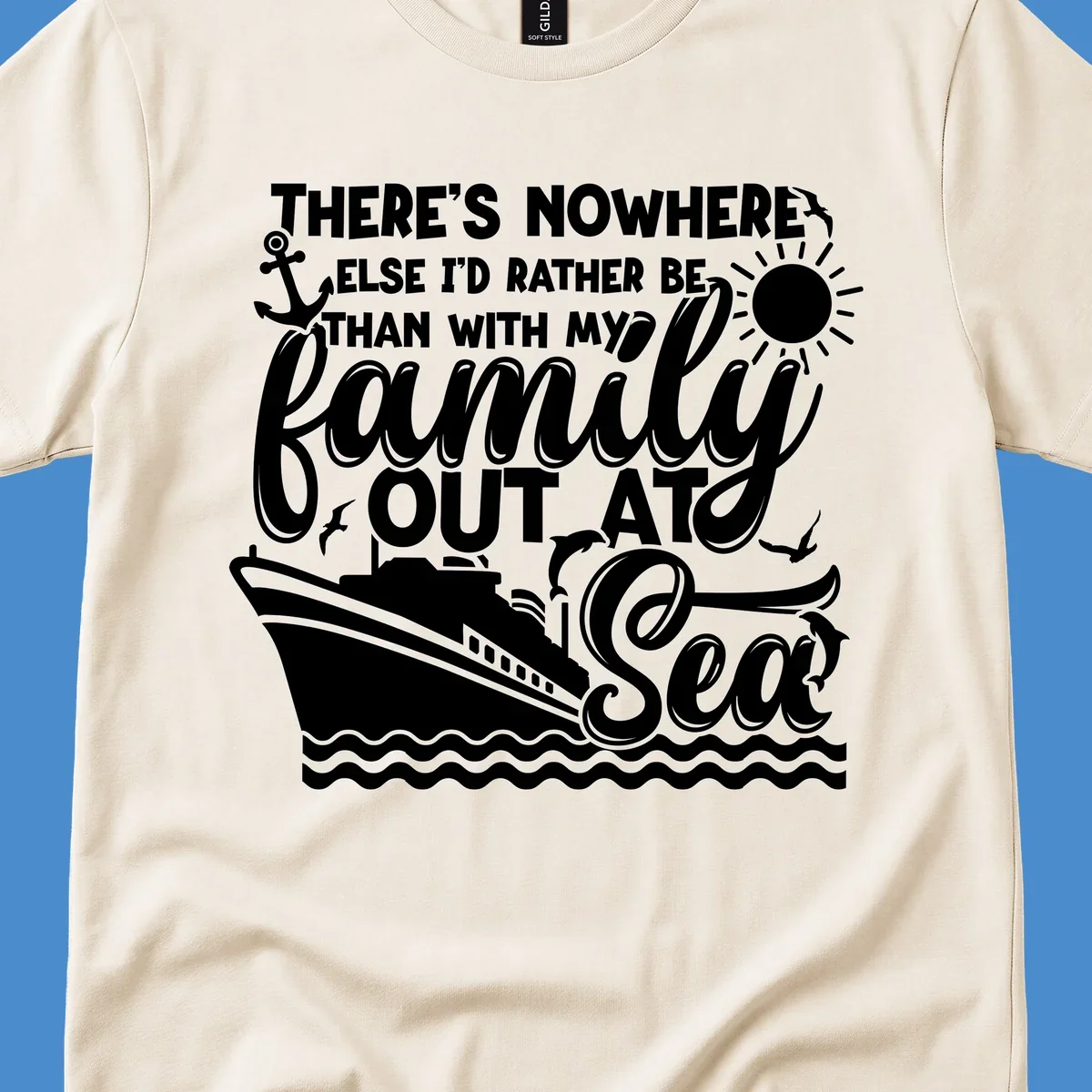 Family out at sea cruise design with ship, sun, anchor, and text.