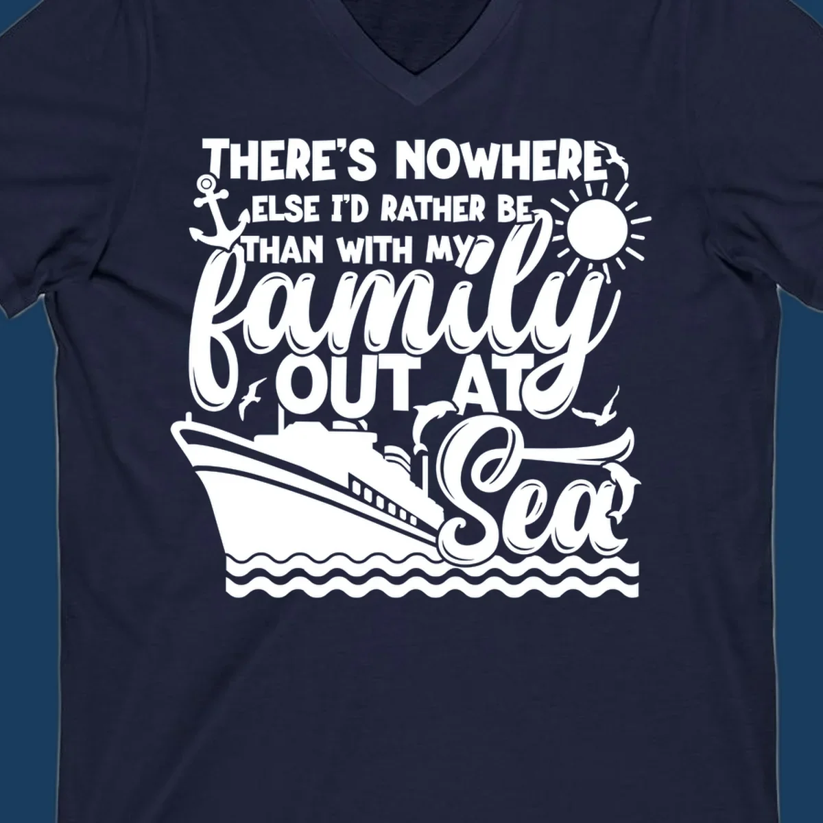 Family out at sea cruise design with ship, sun, anchor, and text.