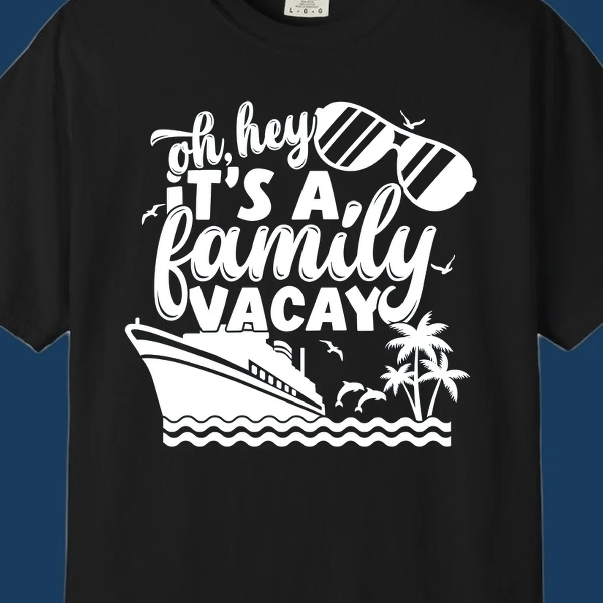 Family vacay cruise design with text, ship, palm trees, and sunglasses.
