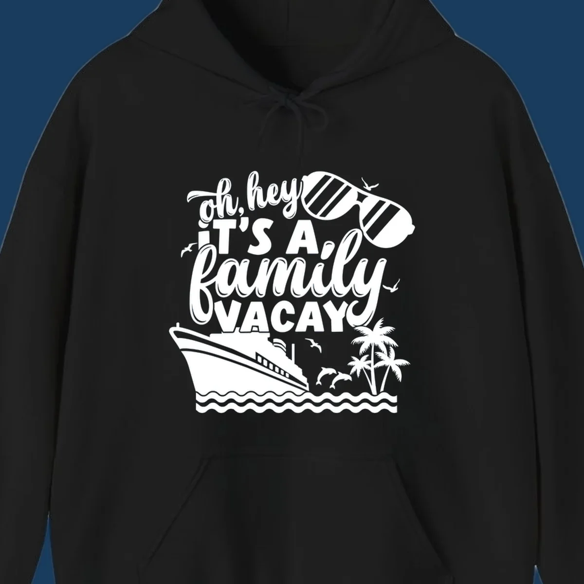 Family vacay cruise design with text, ship, palm trees, and sunglasses.