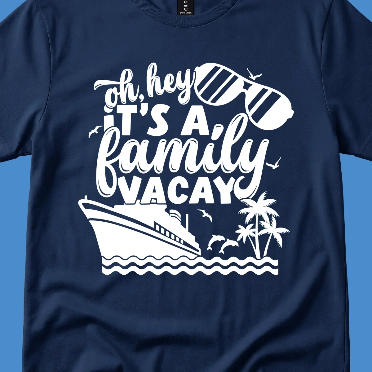 Family vacay cruise design with text, ship, palm trees, and sunglasses.