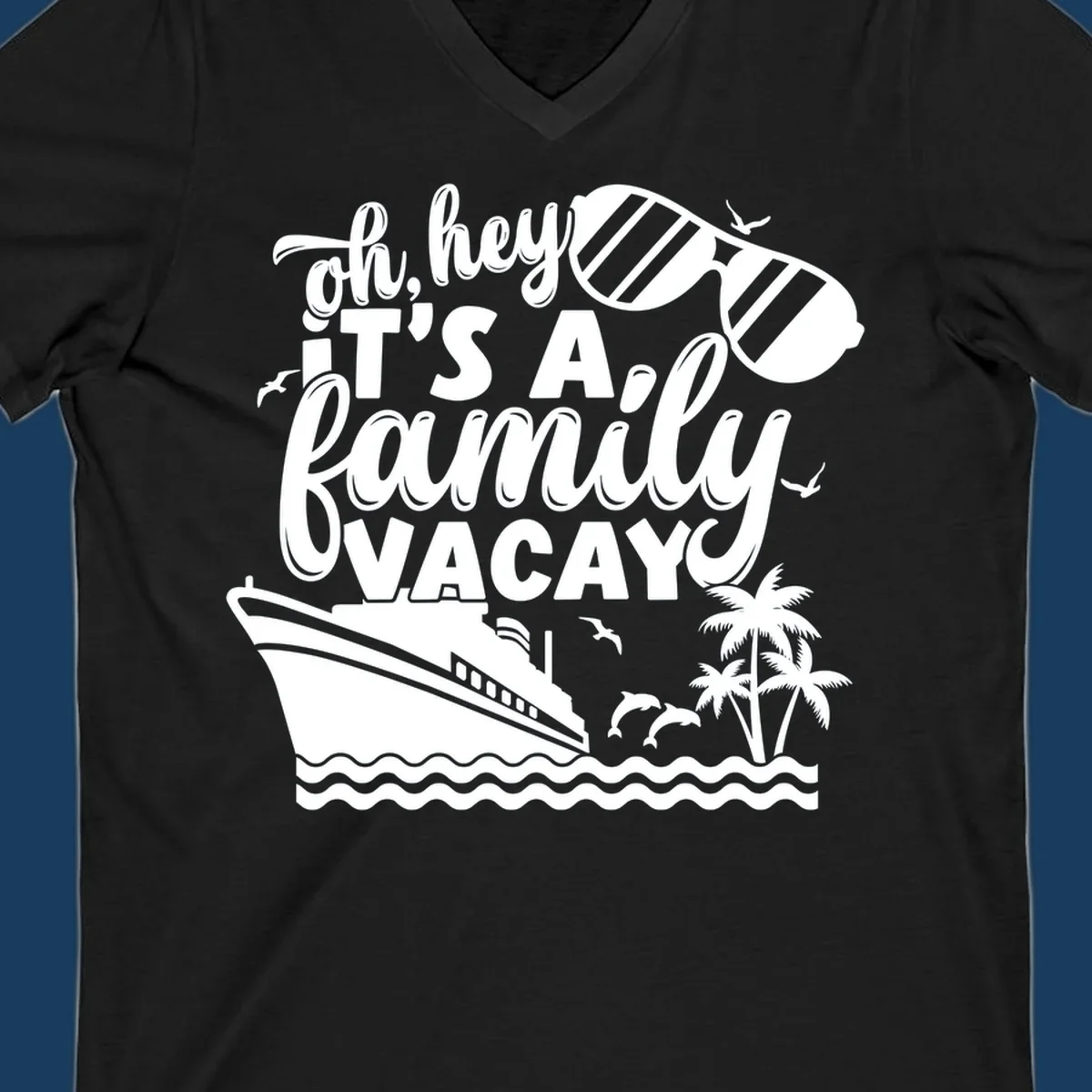 Family vacay cruise design with text, ship, palm trees, and sunglasses.