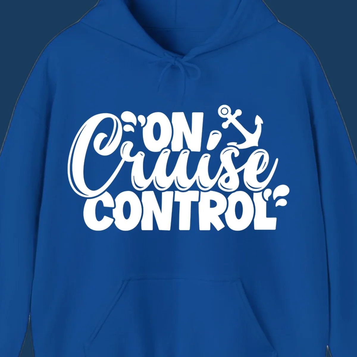 On Cruise Control text with anchor and water splashes graphic for a funny cruise shirt.
