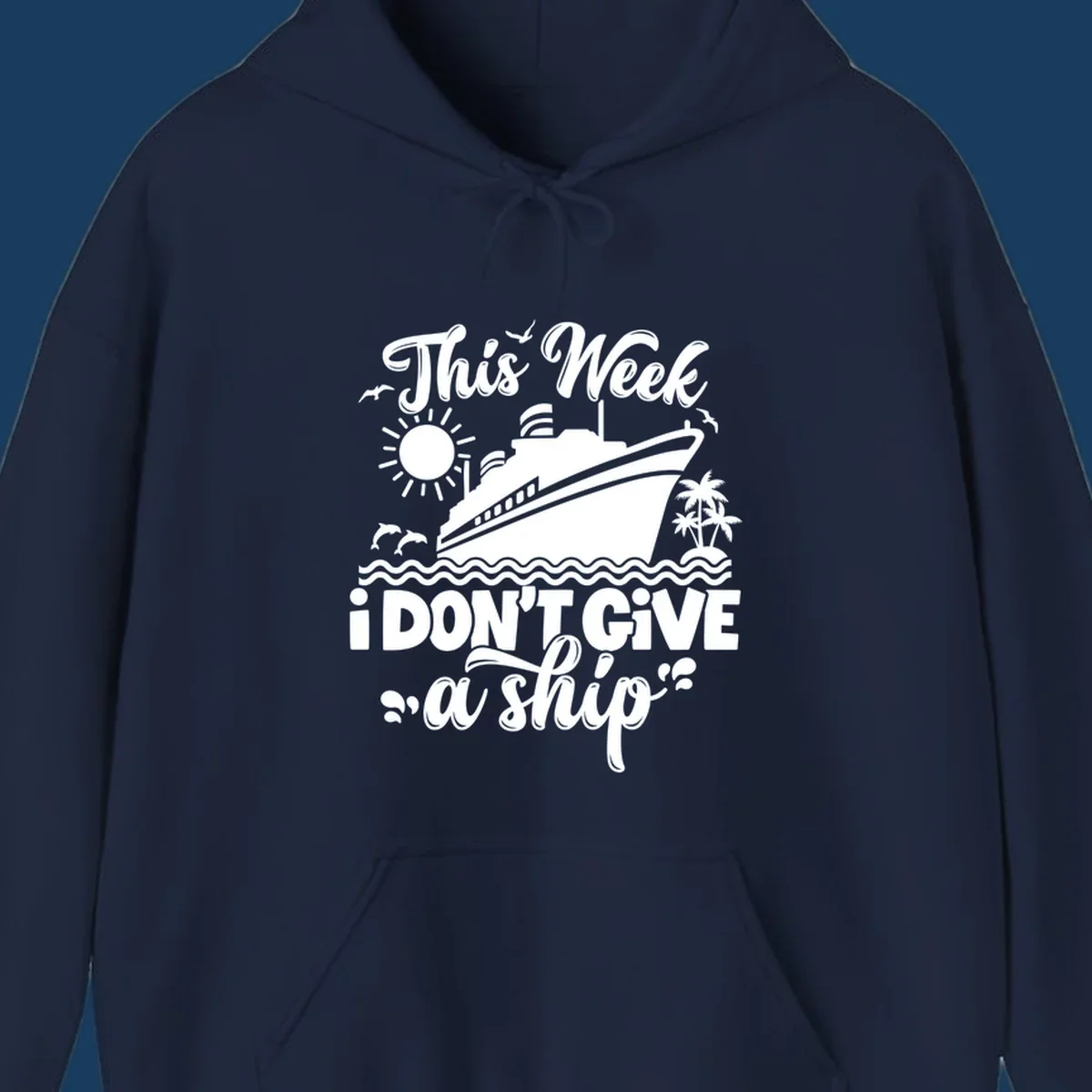 Cruise ship sailing with text 'This week I don't give a ship', featuring dolphins and palm trees.